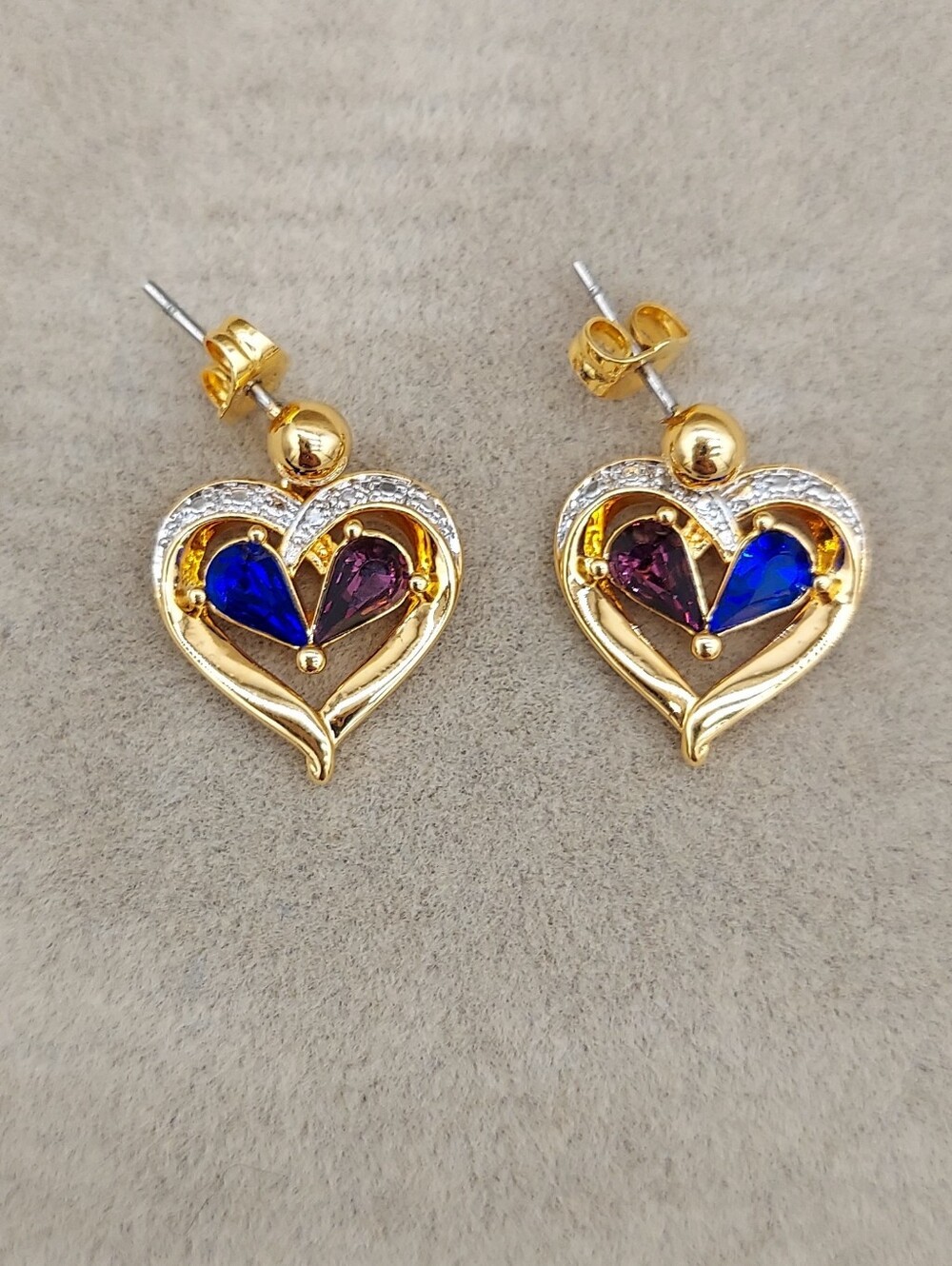 14k Gold Plated Heart Earrings Sapphire And Amethyst
